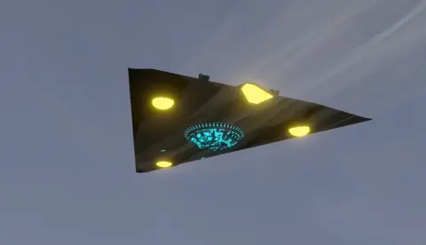 Ilustração de uma aeronave escura em formato triangular com luzes nas extremidades sobrevoando o céu