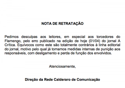 Leia Nota de Retratação do Jornal A Crítica por ter ofendido flamenguistas