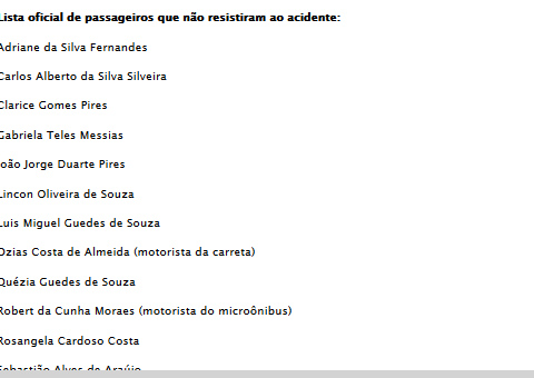 Divulgada lista de mortos e sobreviventes do acidente em Manaus