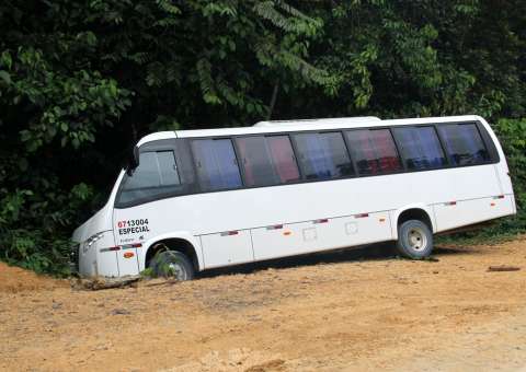 Micro-ônibus que faz transporte escolar sai da pista na BR-174