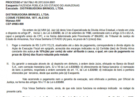 Distribuidora Bringel pode ter bens penhorados por causa de divida de R$  2,6 milhões