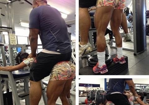Gracyanne Barbosa malha com personal trainer nas costas 