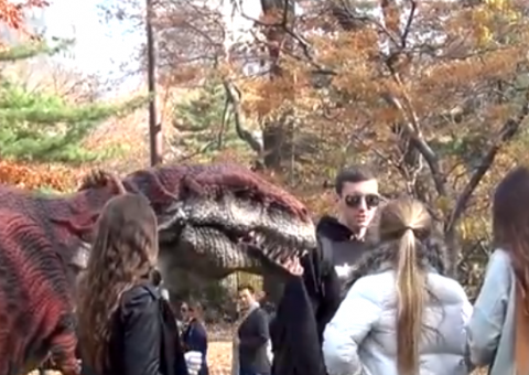 Jovem caminha com seu dinossauro pelo Central Park, em Nova Iorque