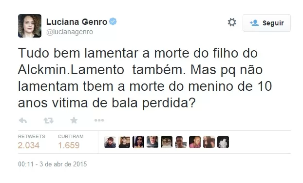 Luciana Genro provoca polêmica ao comentar morte de Thomaz Alckmin 