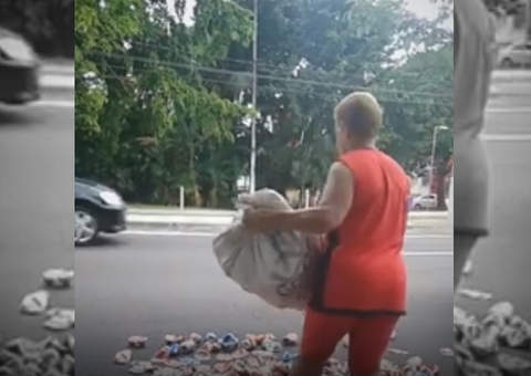 Vendedora de latinhas inventa método para amassar o metal na Djalma Batista. Veja