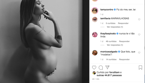 Tâmara Contro, mulher de Projota, posa nua e exibe a barriga no sexto mês de gestação