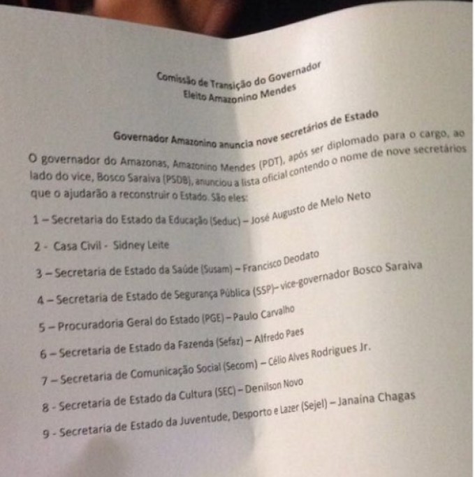 Lista lida por Amazonino na diplomação. Foto: Portal do Holanda