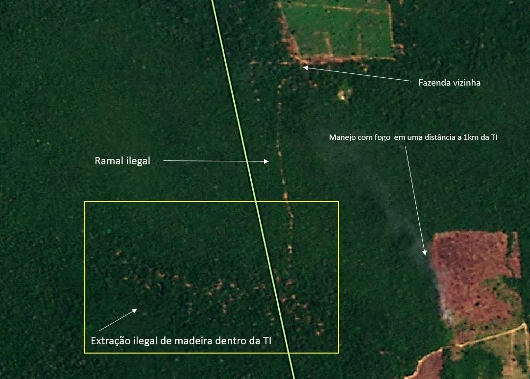 Mapa da MapBiomas e Planet mostra novo ramal ilegal na Terra Ind&iacute;gena Jacare&uacute;ba Katawixi, no AM - Imagem: Divulga&ccedil;&atilde;o Isa
