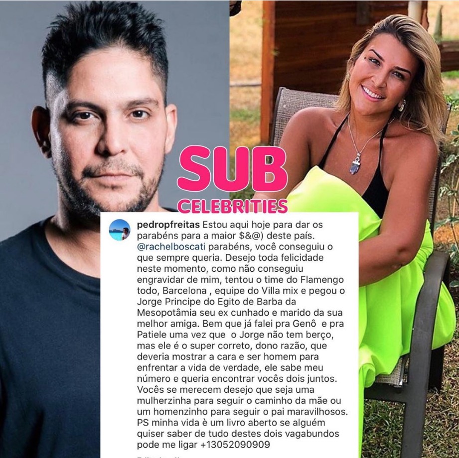 Post de Pedro sobre gravidez da ex-namorado com o concunhado, o cantor Jorge