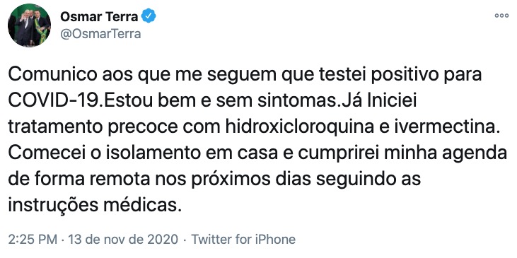 Osmar Terra comunica sobre diagn&oacute;stico - Foto: Reprodu&ccedil;&atilde;o/ Twitter 