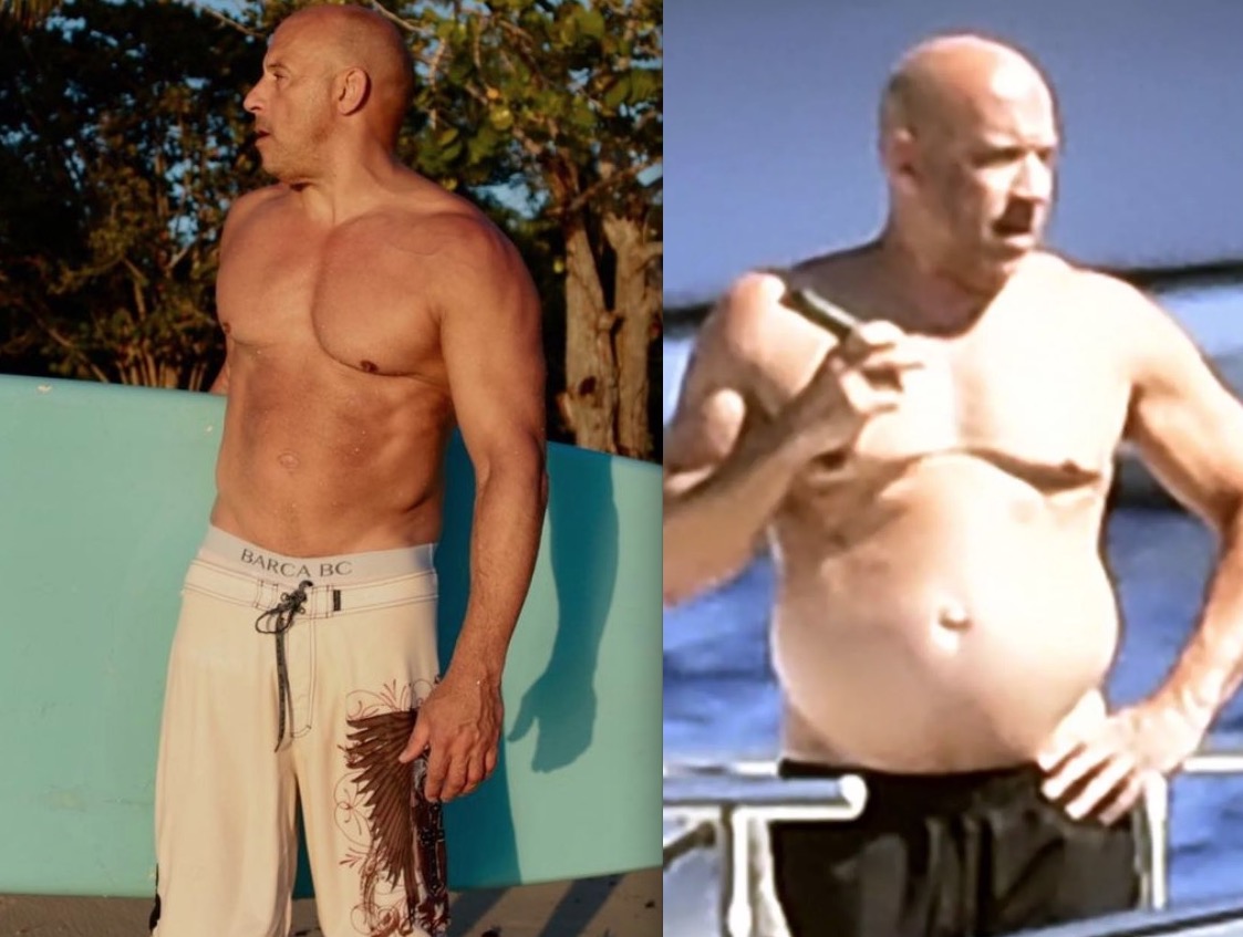 Vin Diesel em foto postada no Instagram em janeiro de 2020 em compara&ccedil;&atilde;o com imagem atual - Foto: The Grosby Group