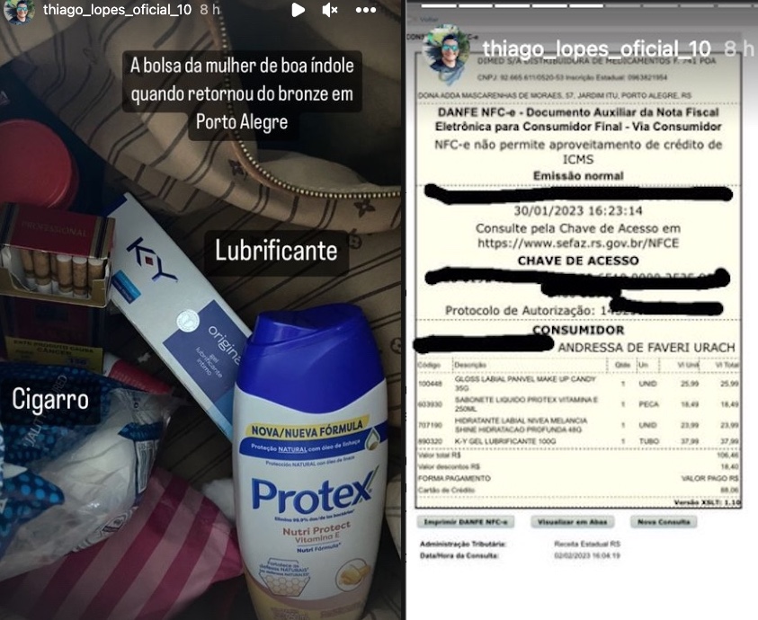 Ele ainda publicou a foto de uma nota fiscal que seria de uma compra de Andressa Urach, indicando que ela adquiriu o lubrificante. 