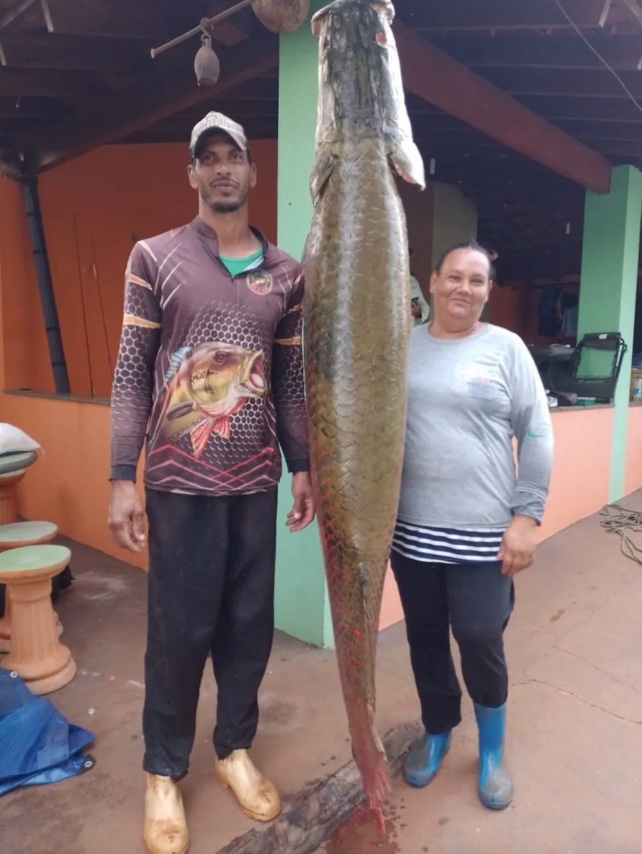 Izael Gon&ccedil;aves e a esposa Cintia Moraes com o pirarucu pescado no rio Grande &mdash; Foto: Arquivo Pessoal