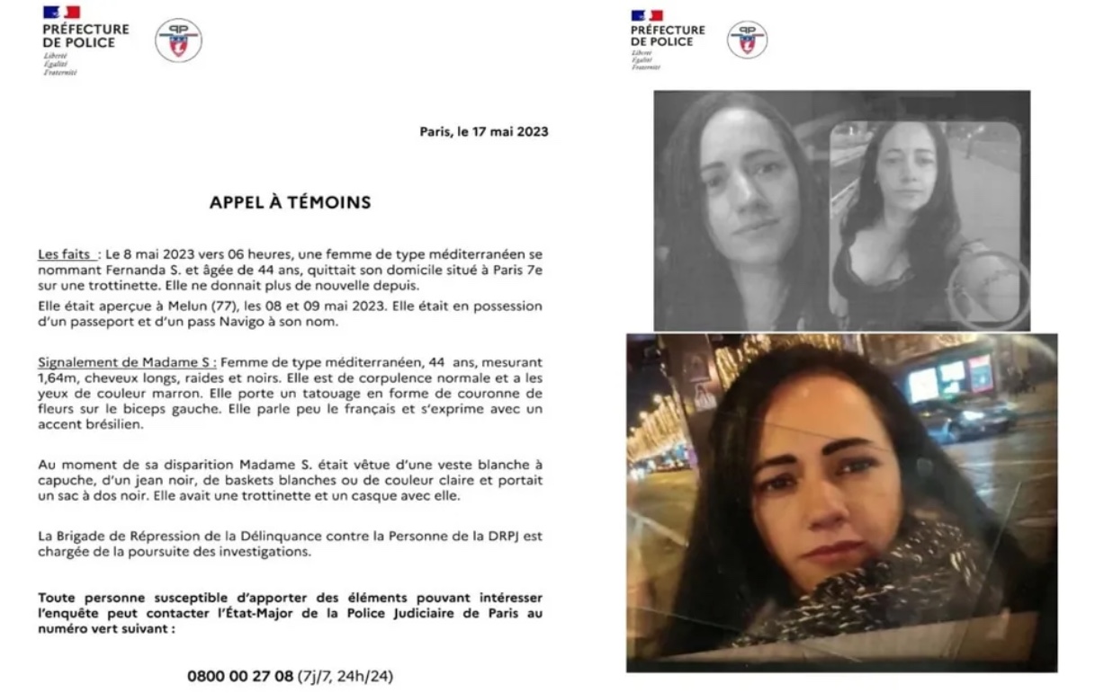 Pol&iacute;cia de Paris emitiu um comunicado para que testemunhas forne&ccedil;am informa&ccedil;&otilde;es sobre brasileira desaparecida &mdash; Foto: Pol&iacute;cia de Paris/Divulga&ccedil;&atilde;o