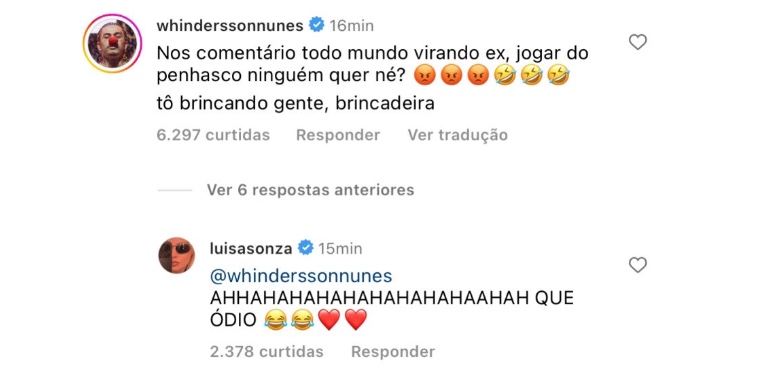 Lu&iacute;sa reagiu dando gargalhadas e com emojis de cora&ccedil;&atilde;o. 