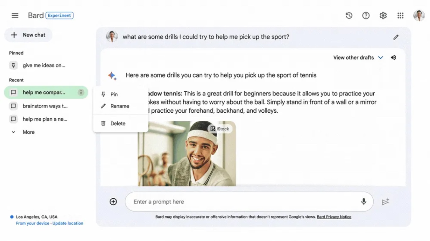 Google Bard permite salvar hist&oacute;rico de conversas &mdash; Foto: Divulga&ccedil;&atilde;o/Google