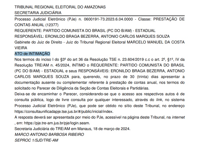 Foto: Di&aacute;rio Eletr&ocirc;nico da Justi&ccedil;a do TRE-AM