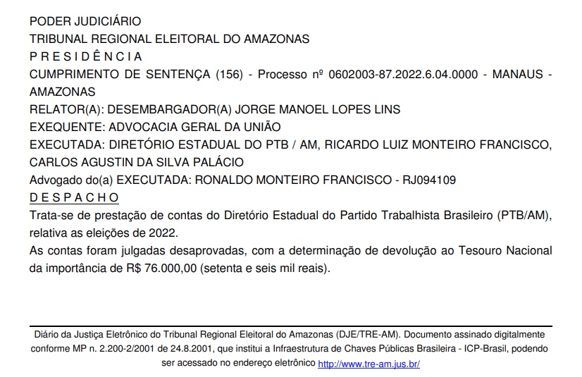 Fonte: Di&aacute;rio da Justi&ccedil;a Eletr&ocirc;nico do TRE-AM