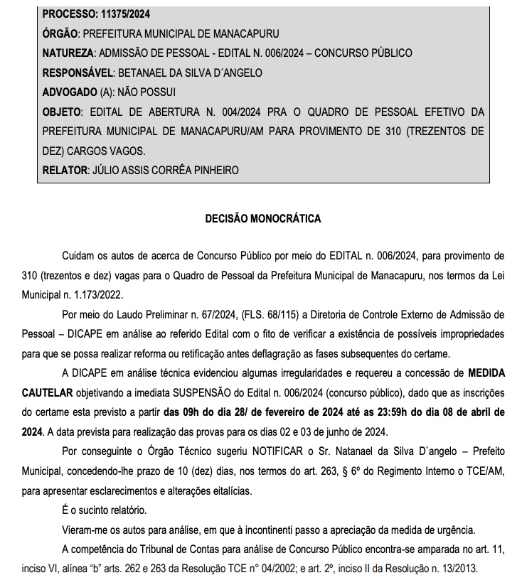 Fonte: Di&aacute;rio Eletr&ocirc;nico do TCE-AM