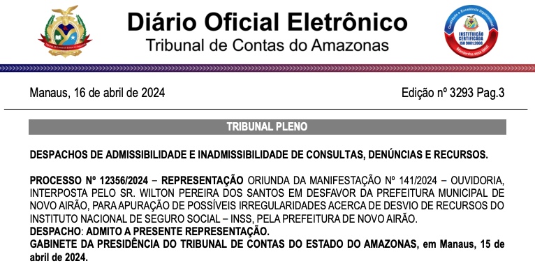Fonte: Di&aacute;rio Eletr&ocirc;nico do TCE-AM