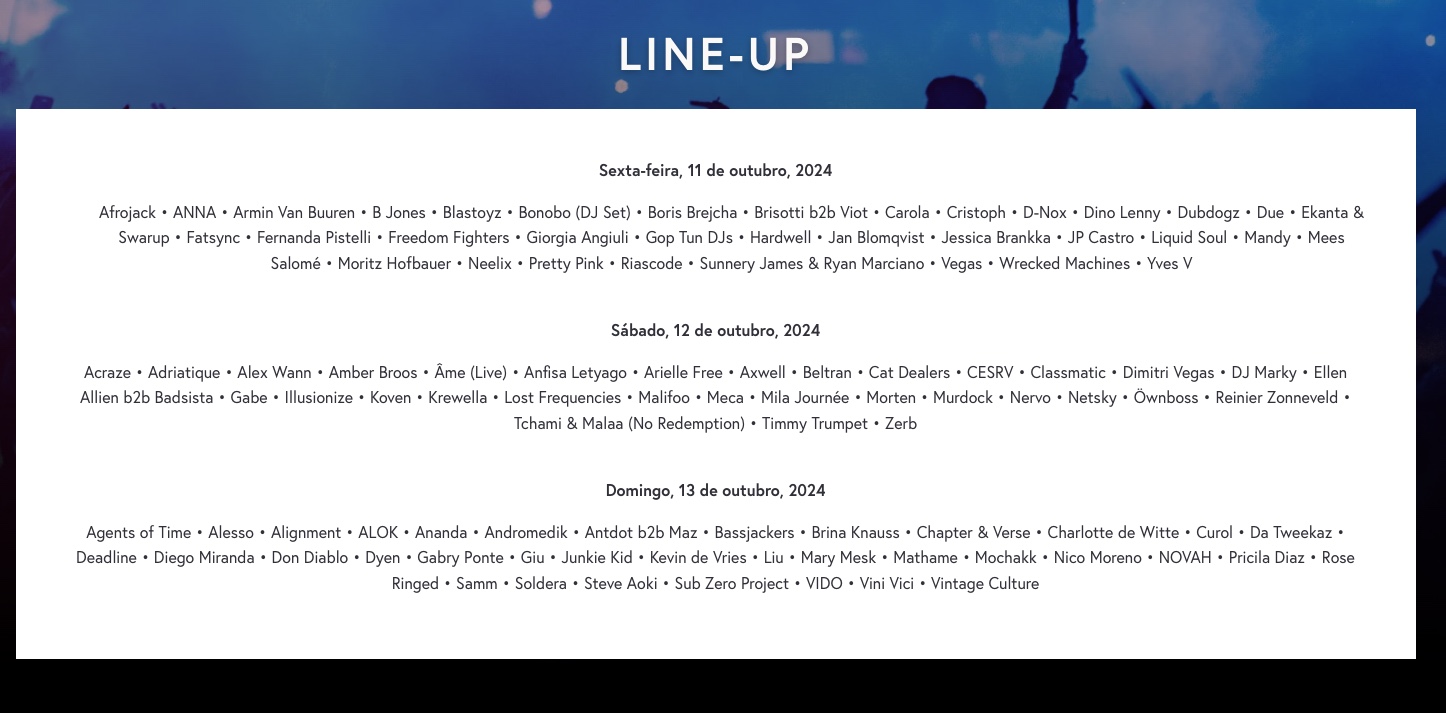 Line up. Foto: Reprodu&ccedil;&atilde;o/TomorrowlandBrasil