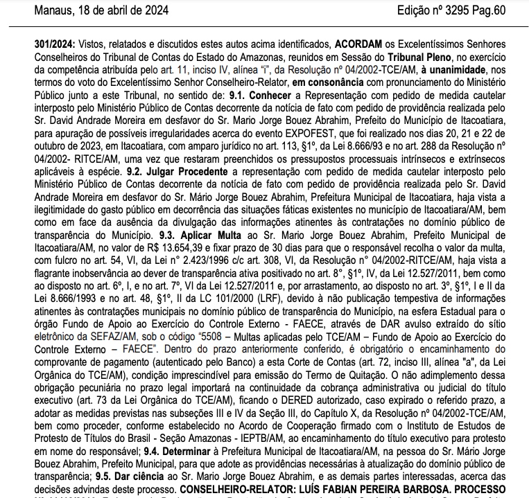 Fonte: Di&aacute;rio Eletr&ocirc;nico do TCE-AM