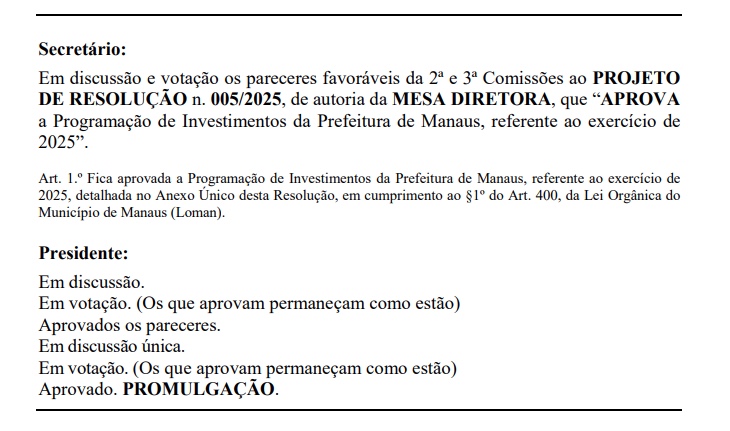 Foto: Pauta do dia da CMM 