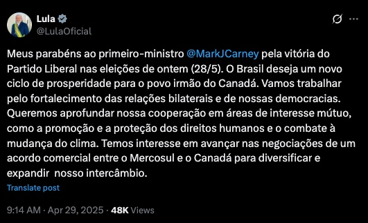 Foto: Reprodu&ccedil;&atilde;o/X @LulaOficial