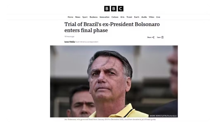 Reportagem do jornal 'BBC', do Reino Unido, sobre o in&iacute;cio do julgamento de Bolsonaro. &mdash; Foto: Reprodu&ccedil;&atilde;o