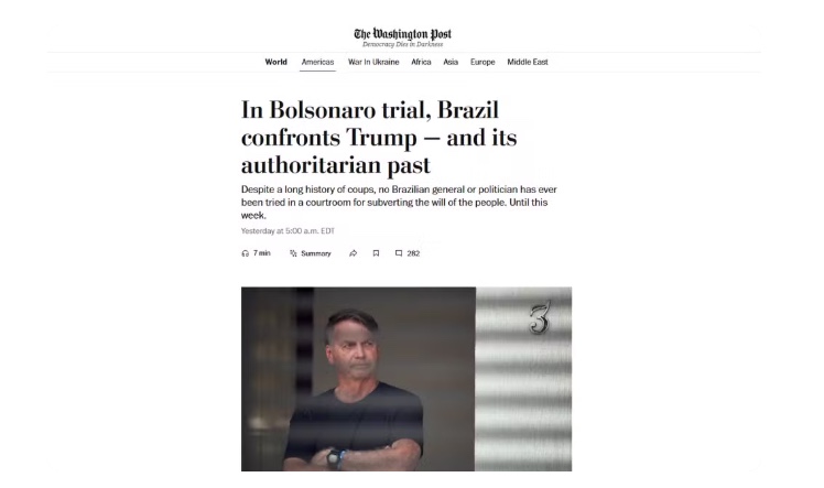 Reportagem do jornal 'The Washington Post', dos Estados Unidos, sobre o in&iacute;cio do julgamento de Bolsonaro. &mdash; Foto: Reprodu&ccedil;&atilde;o