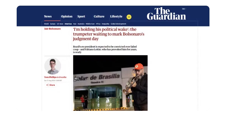 Reportagem do jornal 'The Guardian', do Reino Unido, sobre o in&iacute;cio do julgamento de Bolsonaro. &mdash; Foto: Reprodu&ccedil;&atilde;o