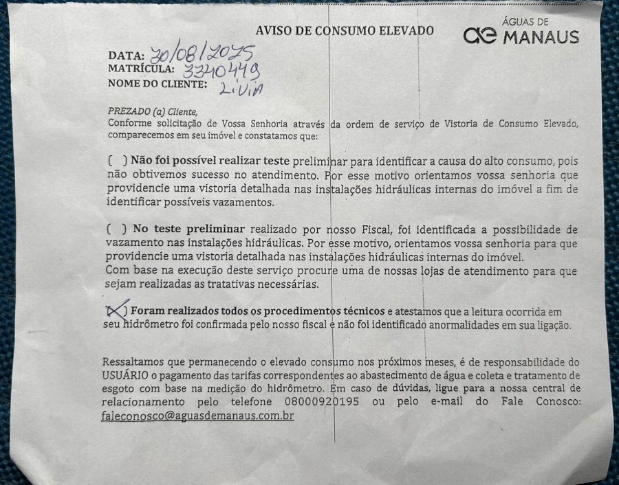 Paulo Roberto detalha que hidr&ocirc;metros da concession&aacute;ria registram ar em vez de &aacute;gua, o que resulta em contas elevadas mesmo durante per&iacute;odos de falta do servi&ccedil;o. - Foto: Reprodu&ccedil;&atilde;o