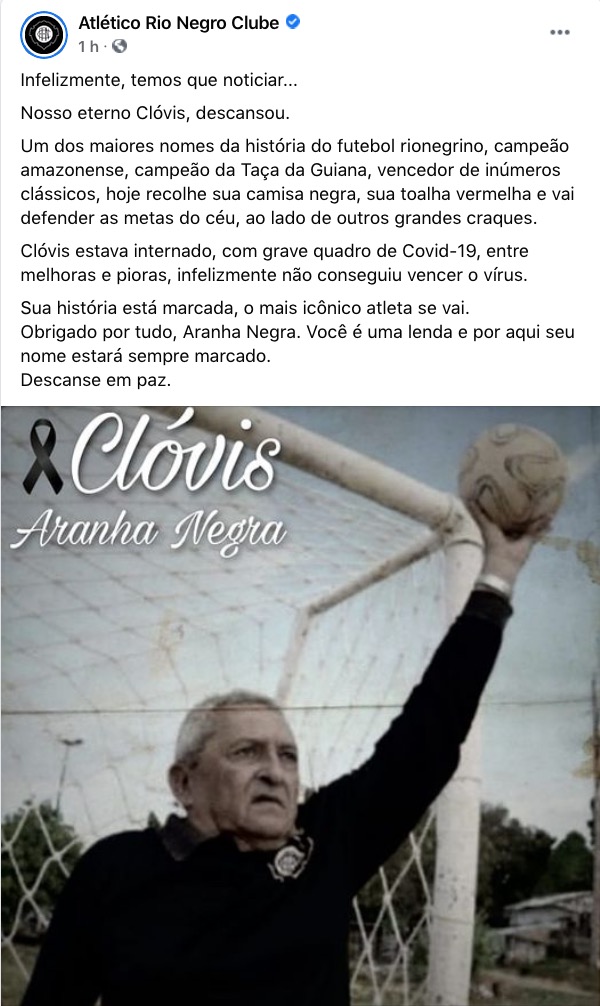 Rio Negro posta homenagem ao ex-goleiro