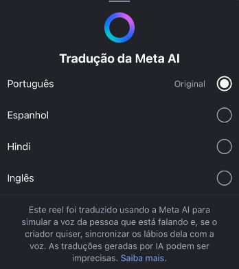 Os idiomas da Meta est&atilde;o dispon&iacute;veis em portugu&ecirc;s, ingl&ecirc;s, hindi e espanhol.