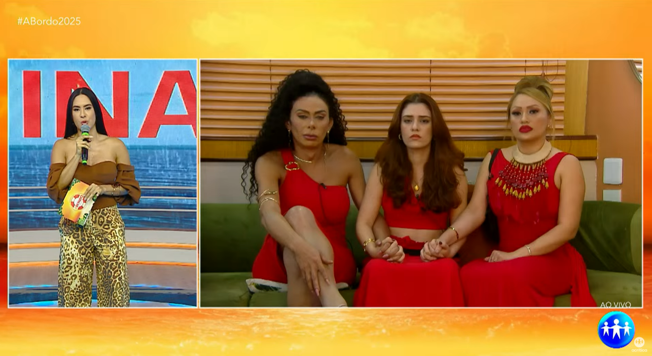 Isabelle Nogueira anunciando a boia mais acirrada da temporada ao lado de Marimar Rios, Kevelyn Sbravati e Tha&iacute;s Mendon&ccedil;a. Reprodu&ccedil;&atilde;o: A Bordo 2025 - Acritica