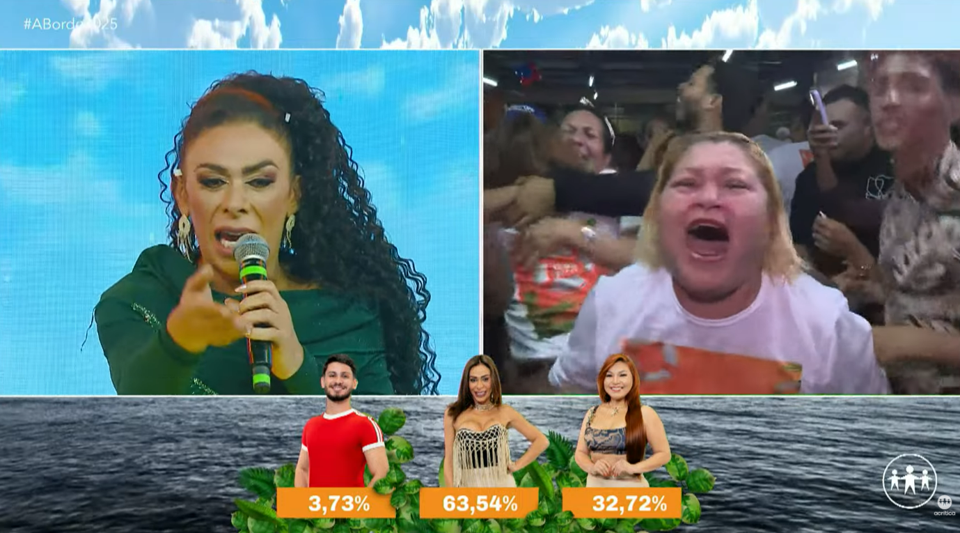 Ap&oacute;s saber do resultado, a tripulante Marimar Rios ficou extasiada. Fam&iacute;lia e amigos comemoraram em festa ap&oacute;s sua vit&oacute;ria. (Reprodu&ccedil;&atilde;o: A Bordo 2025 &ndash; TV A Cr&iacute;tica)