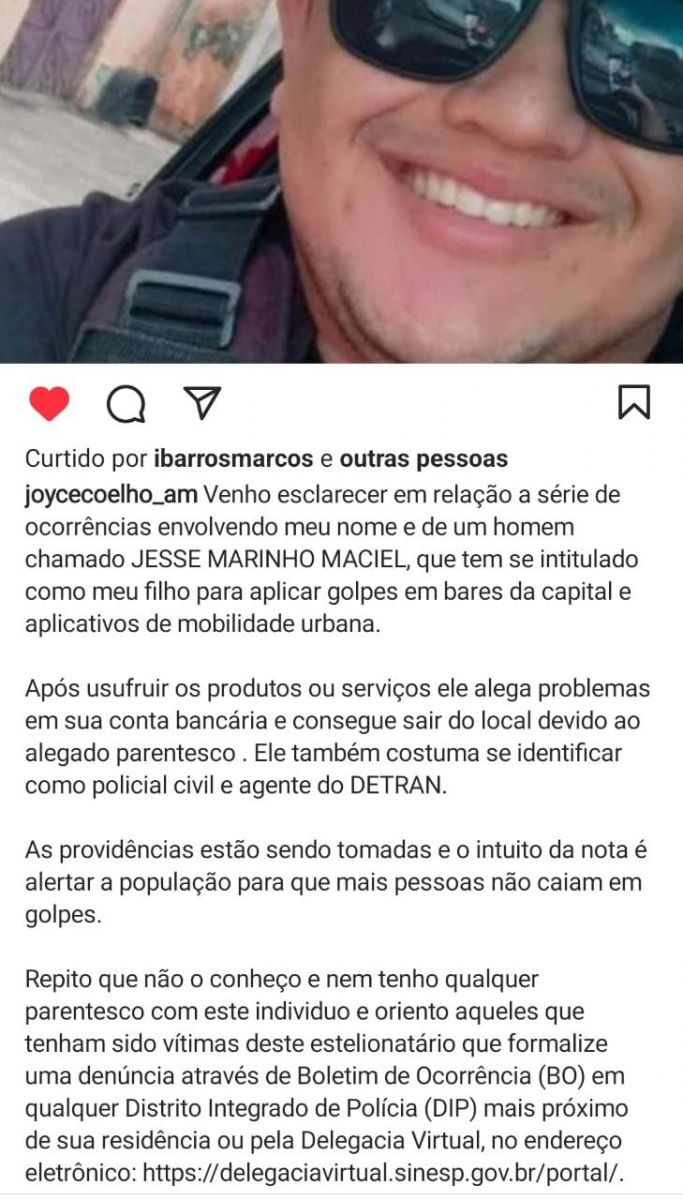Delegada alertou a popula&ccedil;&atilde;o em suas redes sociais sobre o estelionat&aacute;rio que se passa por seu filho / Foto: Reprodu&ccedil;&atilde;o/Instagram/Joyce Coelho