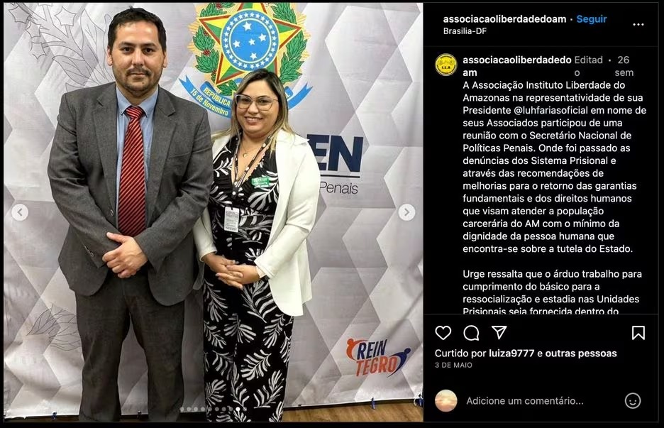 Luciane Barbosa Faria e o secret&aacute;rio nacional de Pol&iacute;ticas Penais do Minist&eacute;rio da Justi&ccedil;a, Rafael Velasco Brandani Foto: Reprodu&ccedil;&atilde;o: Instagram/ @associacaoliberdadedoam
