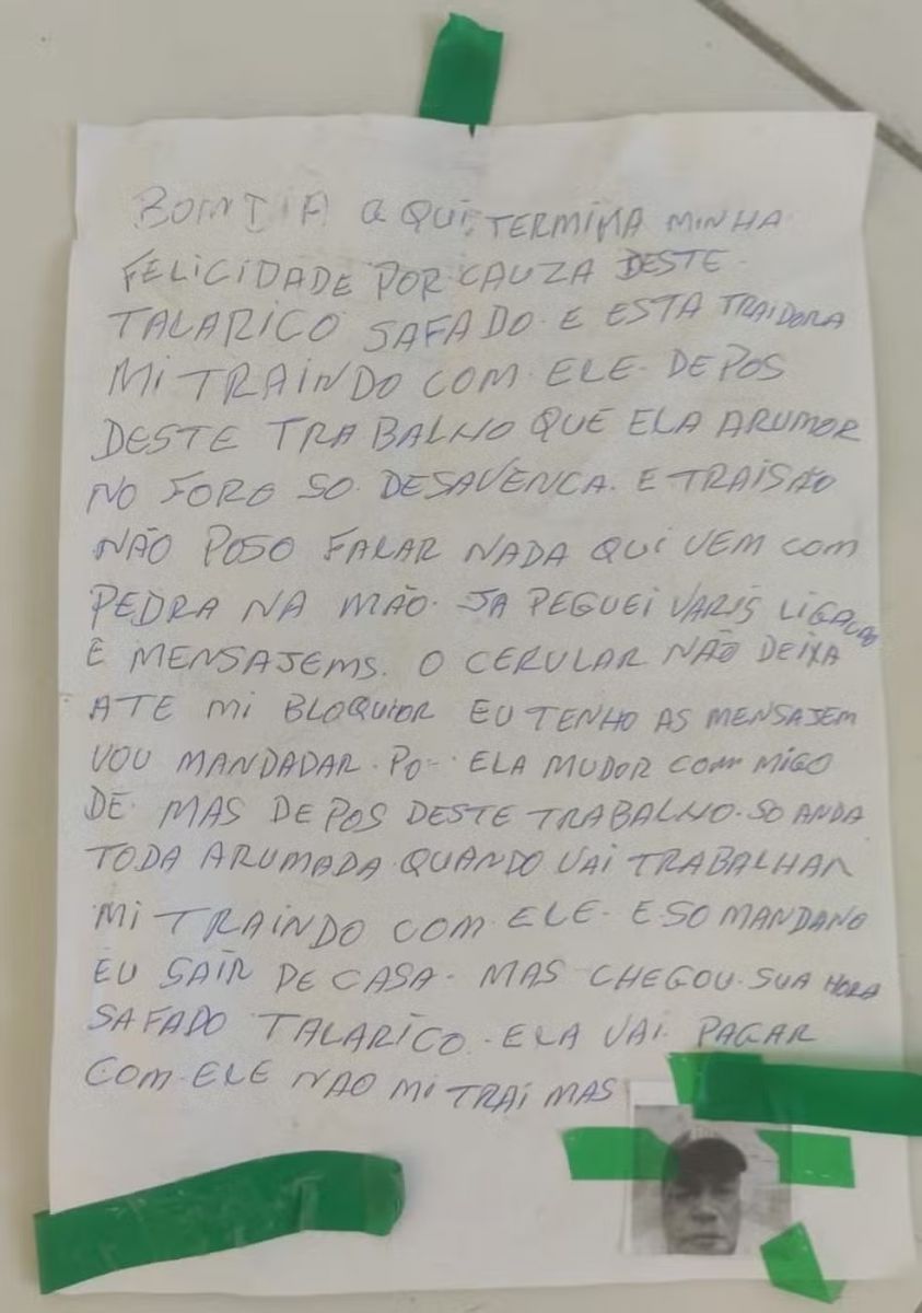 Marido amea&ccedil;ou o colega de trabalho da esposa e acusou a mulher de trai&ccedil;&atilde;o em carta &mdash; Foto: Reprodu&ccedil;&atilde;o