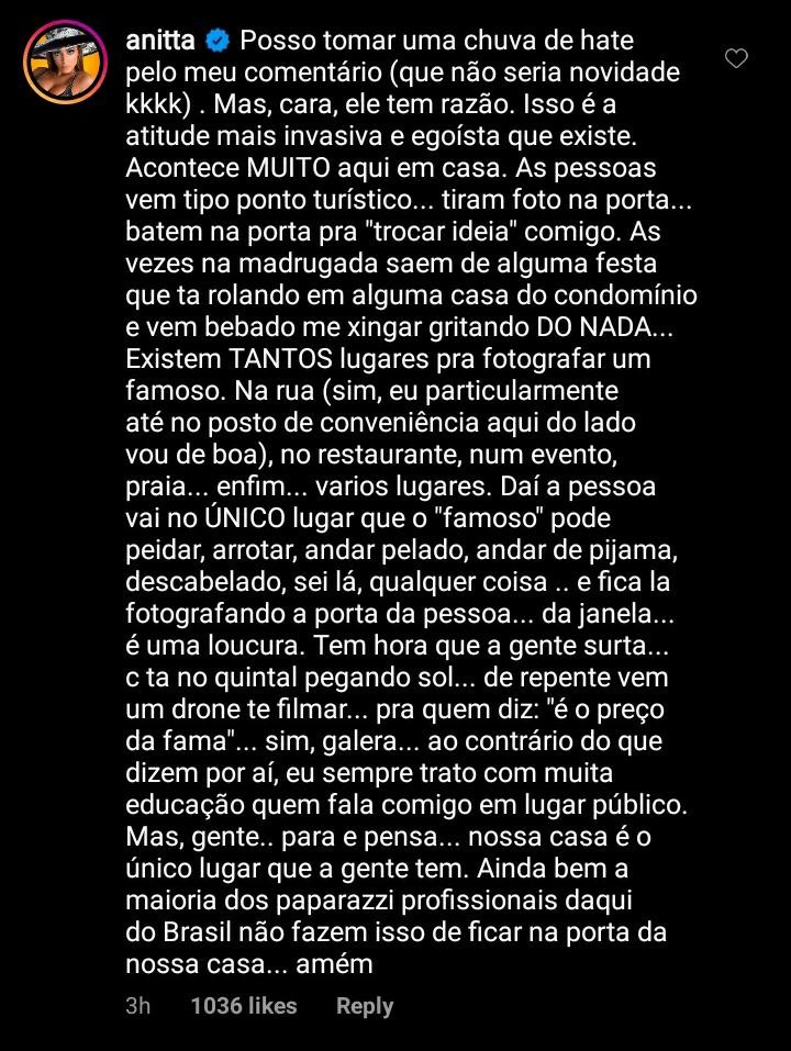 Anitta comentou sobre a indigna&ccedil;&atilde;o de Justin Bieber sobre privacidade - Foto: Reprodu&ccedil;&atilde;o/ Instagram