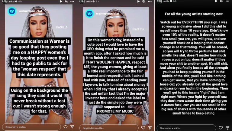 Anitta declarou que teve uma conversa com o CEO da gravadora h&aacute; um m&ecirc;s, na inten&ccedil;&atilde;o de encerrar o contrato, o que n&atilde;o aconteceu. Ela ainda argumentou que n&atilde;o recebe apoio da empresa para promover suas m&uacute;sicas. A artista pediu por &ldquo;respeito&rdquo; e por e um &ldquo;pre&ccedil;o justo&rdquo; pelo contrato com a Warner Music. Al&eacute;m disso, aconselhou mais uma os novos artistas a terem aten&ccedil;&atilde;o, para n&atilde;o passarem por situa&ccedil;&otilde;es desse tipo. &ldquo;Voc&ecirc; tem que lutar por voc&ecirc; mesmo, porque eles n&atilde;o d&atilde;o a m&iacute;nima. Porque voc&ecirc; &eacute; muito pequeno no mar enorme de tubar&otilde;es com milhares de outros peixinhos para continuar comendo&rdquo;, refletiu.