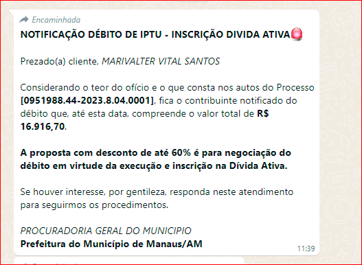 Mensagem enviada por golpistas / Foto - Reprodu&ccedil;&atilde;o