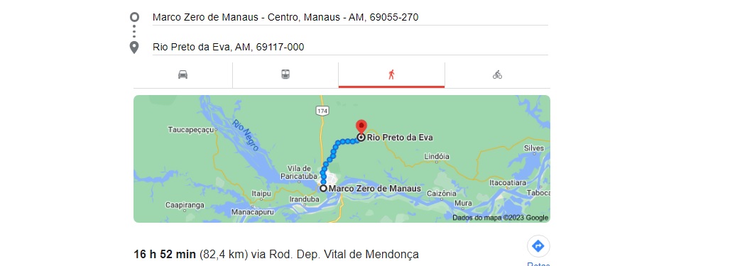 Segundo o Google Maps, a previs&atilde;o &eacute; que se passem 16 horas e 47 minutos minutos para ir de uma cidade &agrave; outra caminhando, levando em conta o Marco Zero da cidade, na Pra&ccedil;a Dom Pedro II. S&atilde;o 80,4 quil&ocirc;metros.