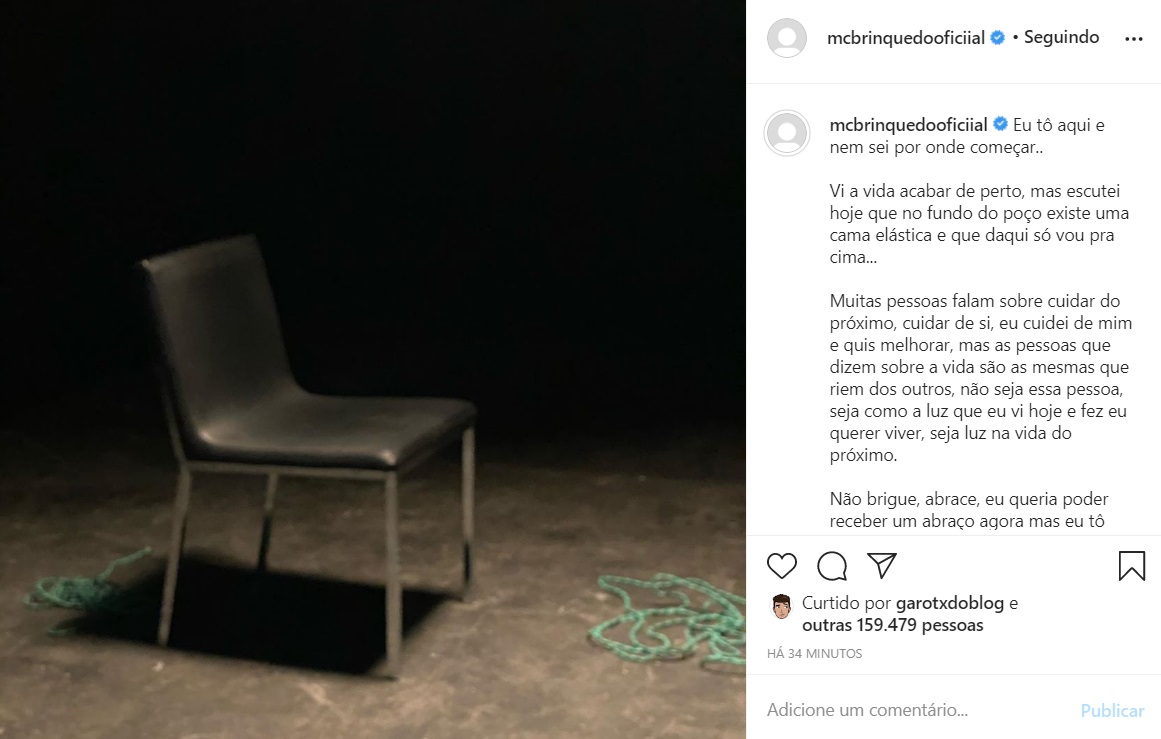 Funkeiro deu a entender que quase chegou a acabar com a pr&oacute;pria vida, mas que decidiu viver. Foto: Instagram