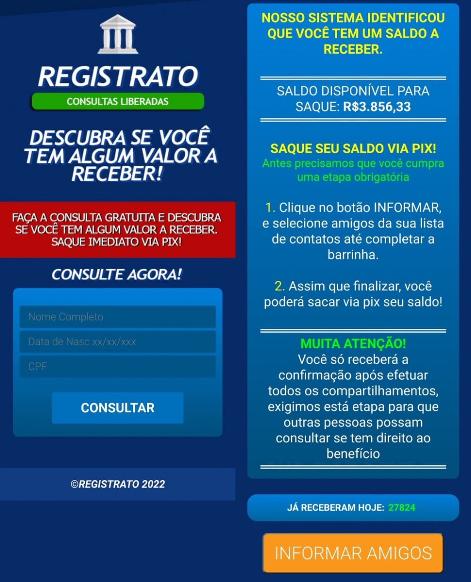 Site falso de consulta de dinheiro esquecido / Foto: Reprodu&ccedil;&atilde;o