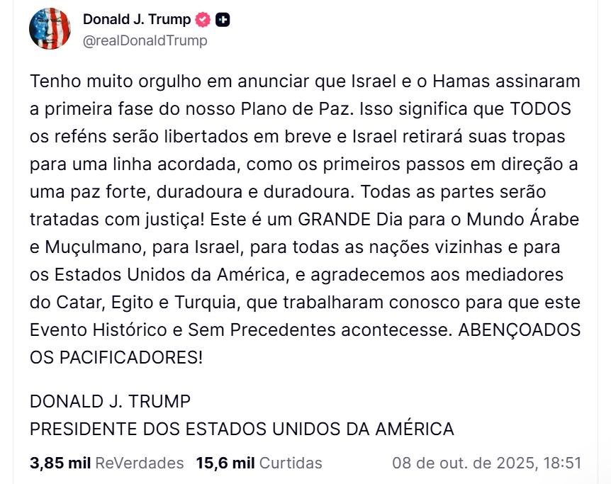 Post de Trump, em tradu&ccedil;&atilde;o autom&aacute;tica. Foto: Truth @realdonaldtrump