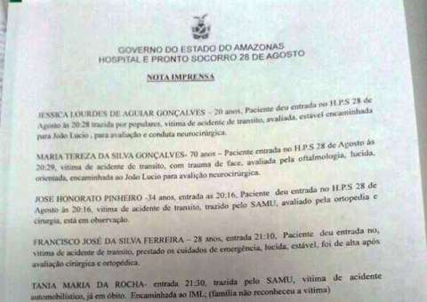 Pronto Socorro 28 de Agosto publica lista de vítimas de acidente em Manaus