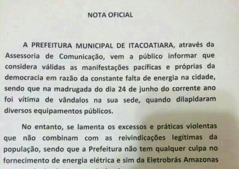 Em nota, Prefeitura de Itacoatira esclarece a real causa da interrupção de energia no município 