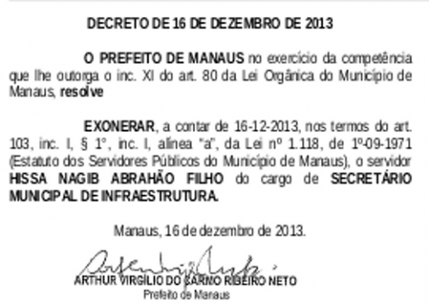 Decreto de exoneração de Hissa não consta o "a pedido". Confira