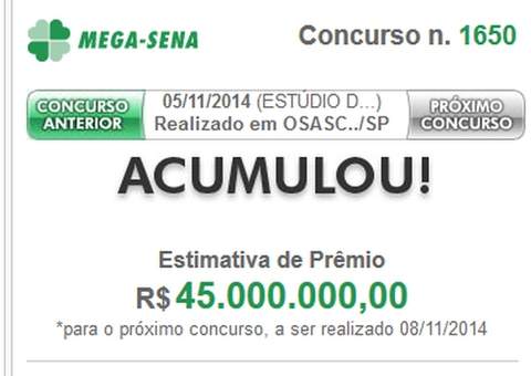 Mega-Sena acumula e vai pagar R$ 45 mi no sábado